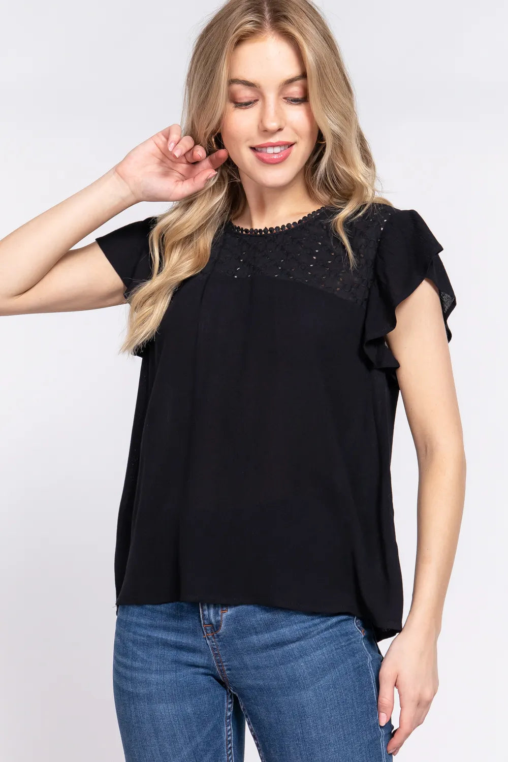 ACTIVE BASIC Ruffle Short Sleeve Crochet Blouse Black - Fashorio