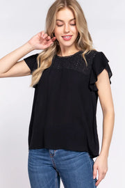 ACTIVE BASIC Ruffle Short Sleeve Crochet Blouse Black - Fashorio
