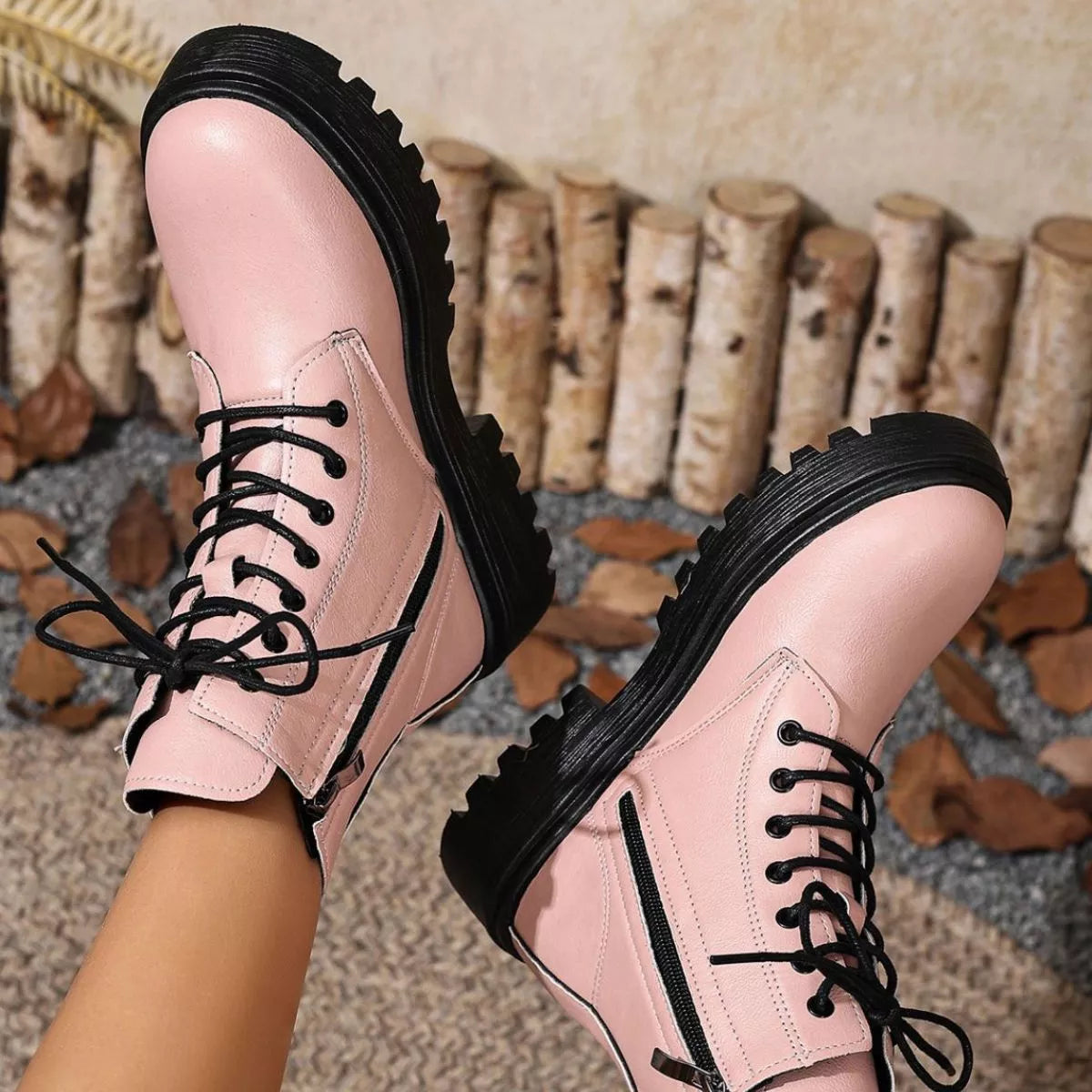 Khaki round toe block heels boots platform and sole detail