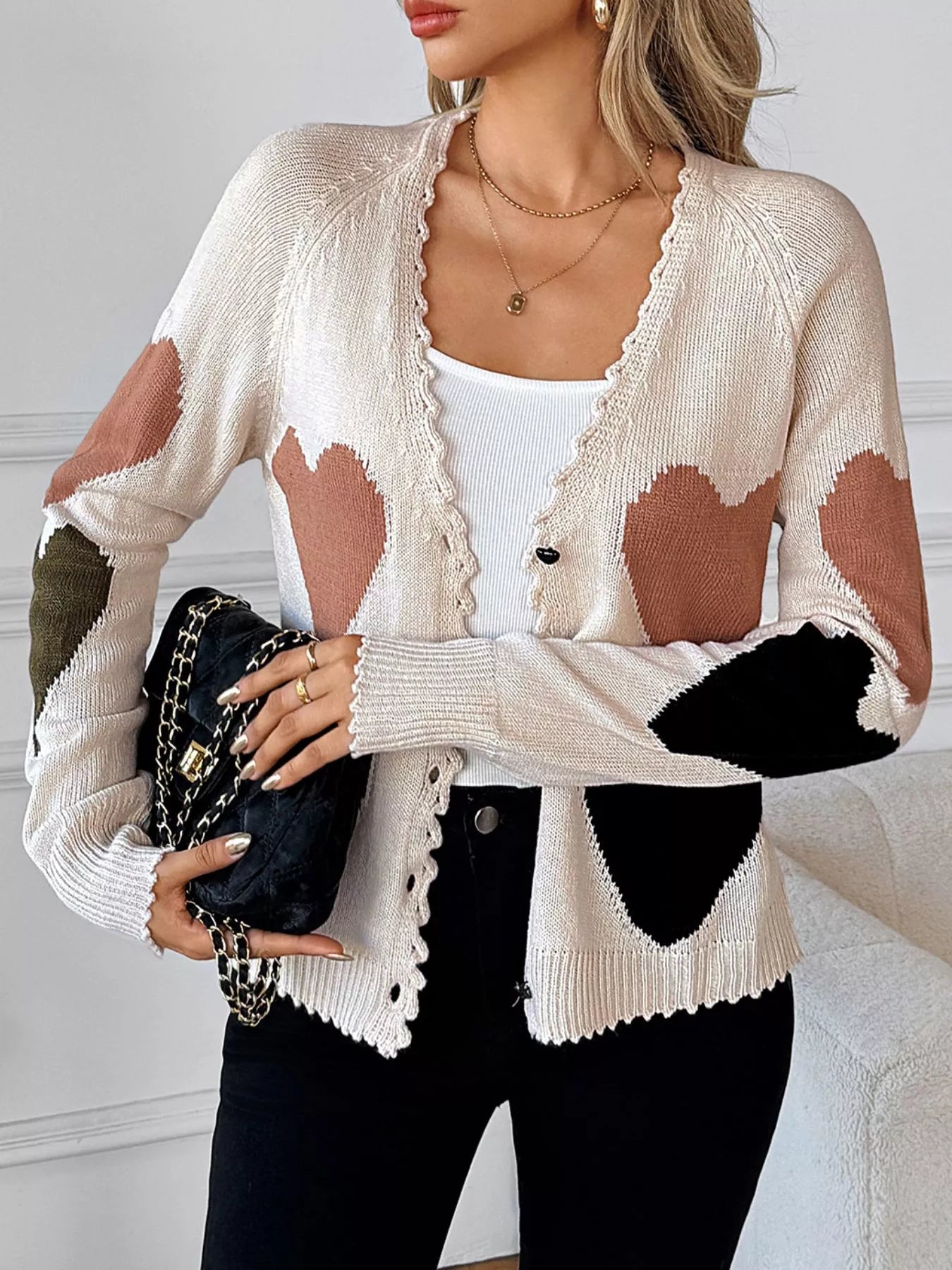 Heart Pattern Button-Up Cardigan - Fashorio