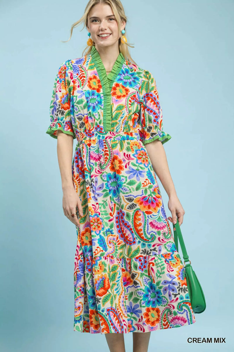Umgee mix floral midi dress with ruffle trim front view