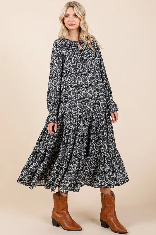 Printed Tie Neck Flounce Sleeve Midi Dress detail