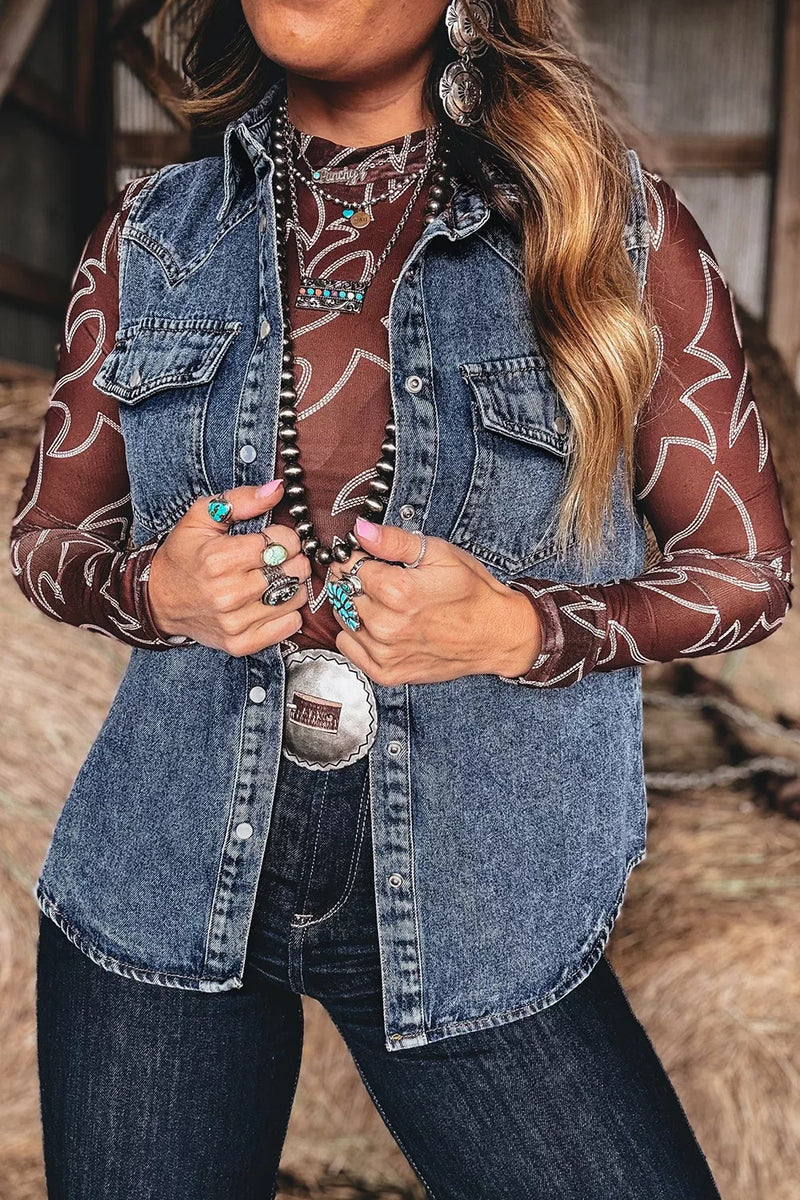 Dusty blue sleeveless denim cowboy vest front view
