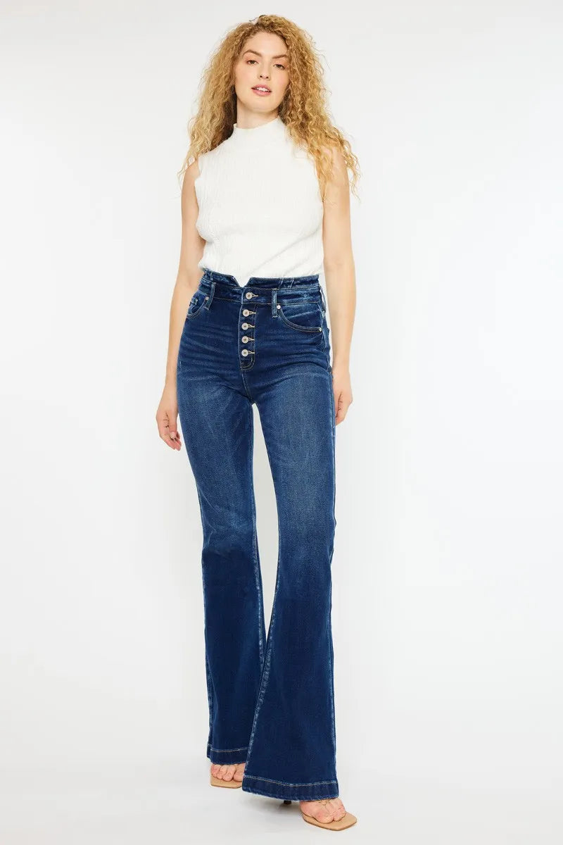 Kancan Button Fly High Rise Flare Jeans - Fashorio