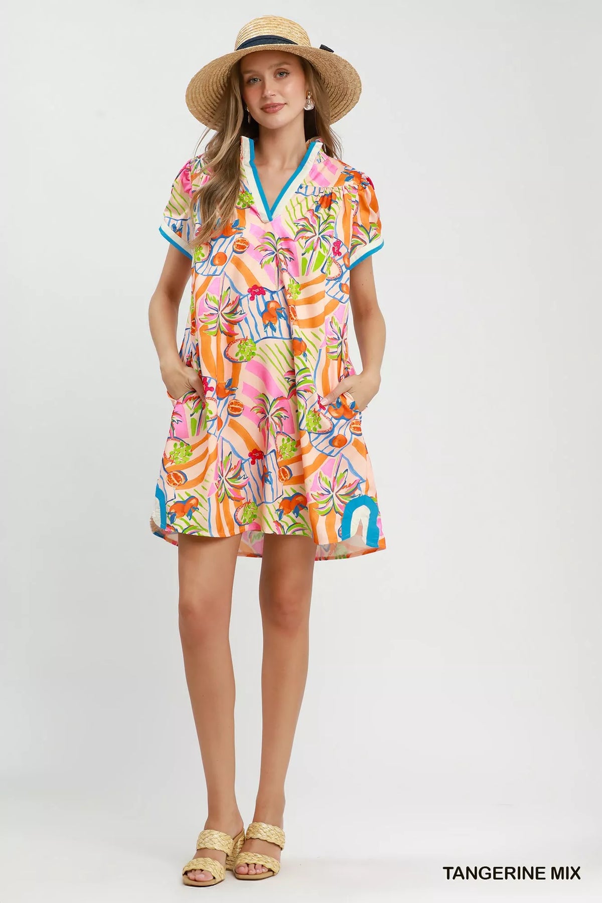 Tangerine tropical print collared shift dress detail view