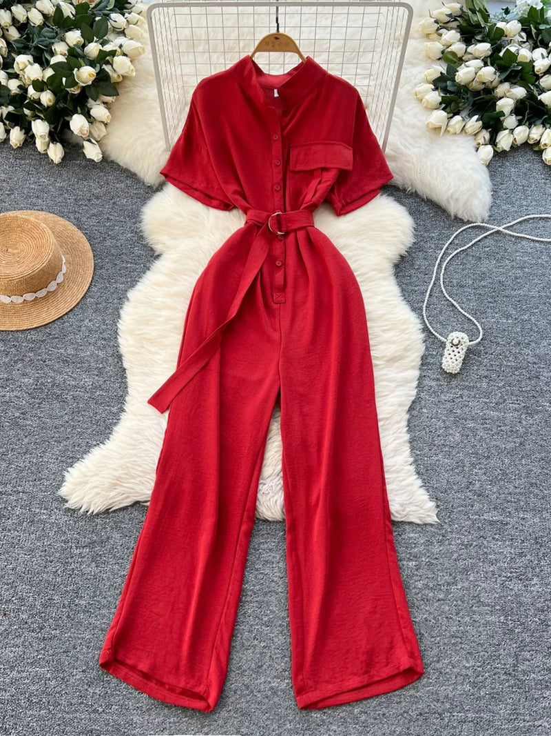 Red button front wide leg jumpsuit belted front view