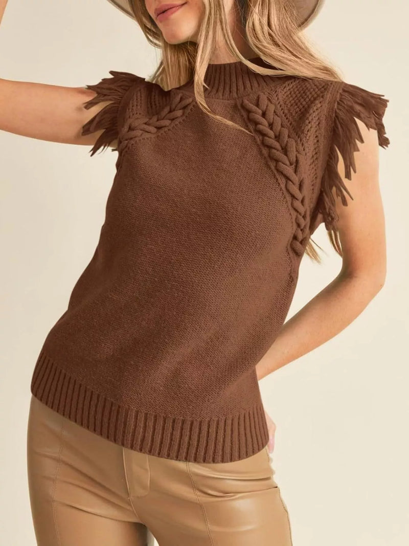 braided trim fringe sweater top front view
