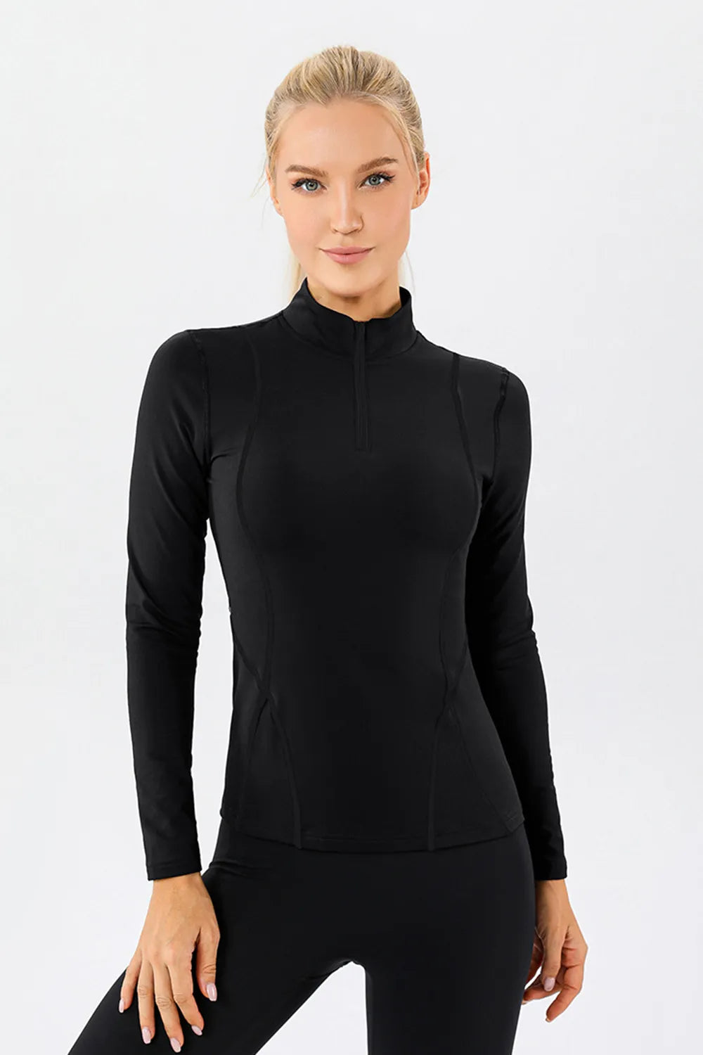 Mock Neck Quarter Zip Active T-Shirt Black - Fashorio