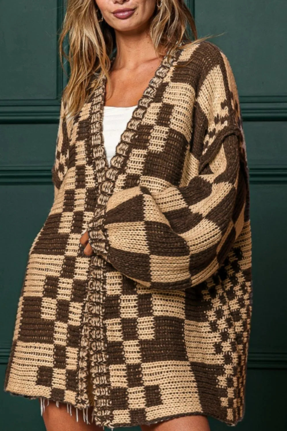 Checkered Open Front Long Sleeve Cardigan - Fashorio
