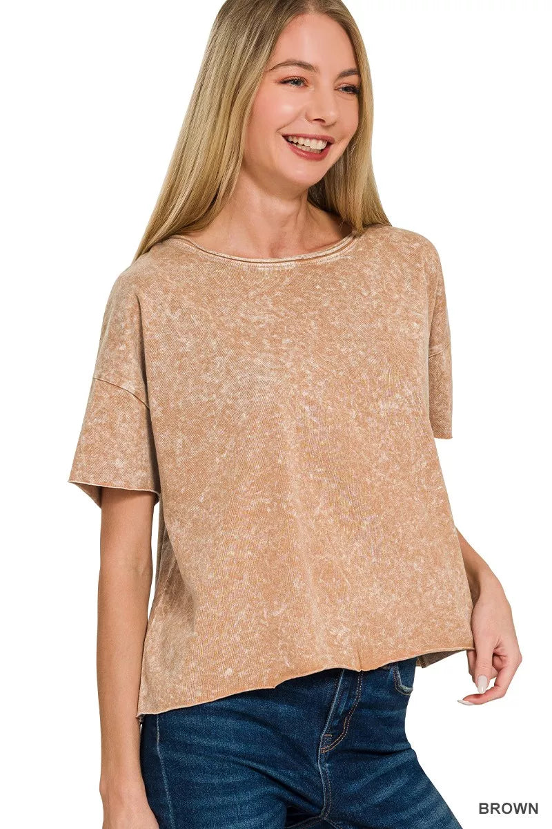 Zenana washed cotton short sleeve top in brown, front view
