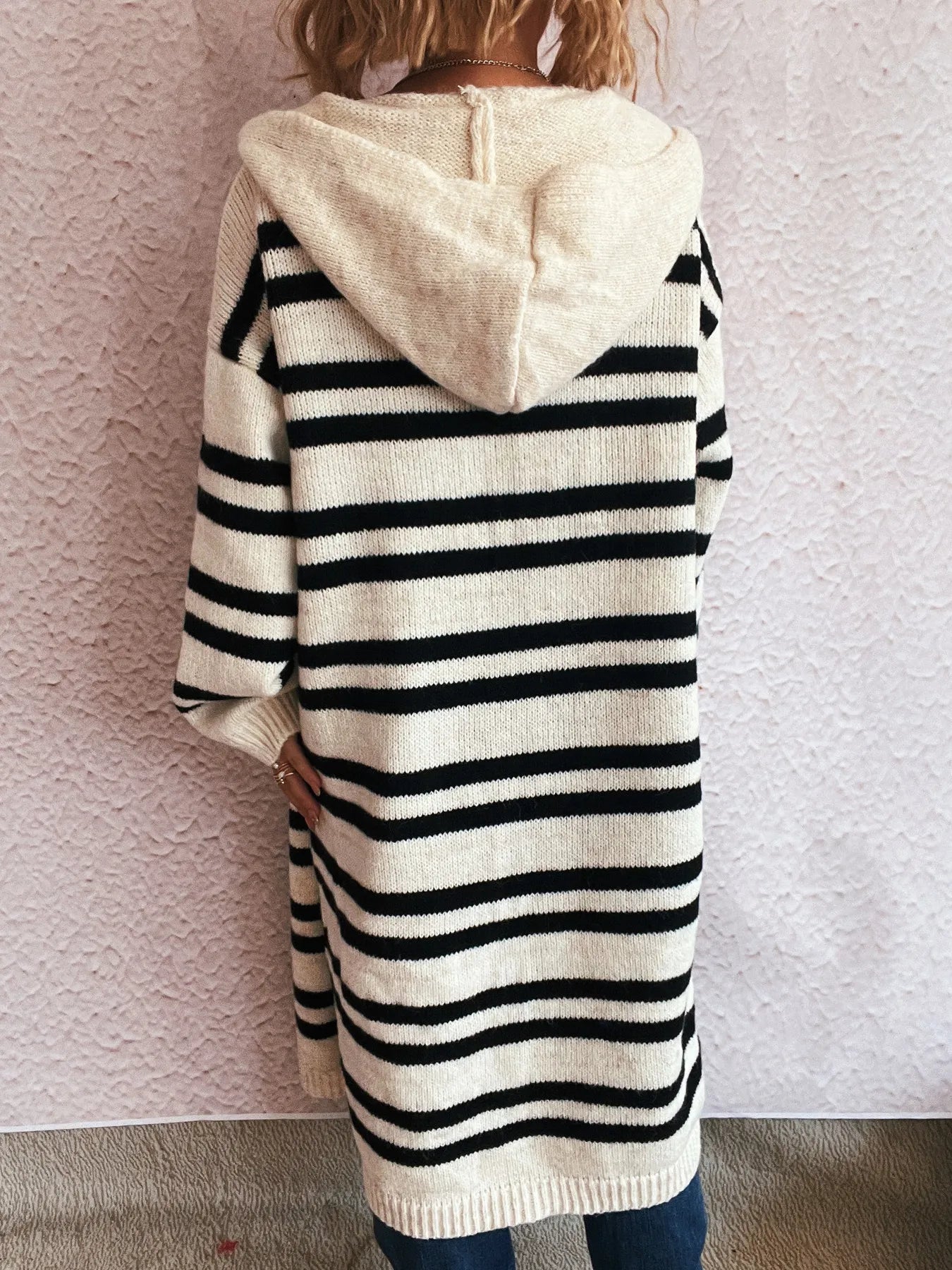 Striped Open Front Hooded Cardigan - Fashorio
