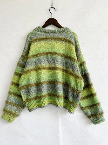 Striped Round Neck Long Sleeve Sweater - Fashorio