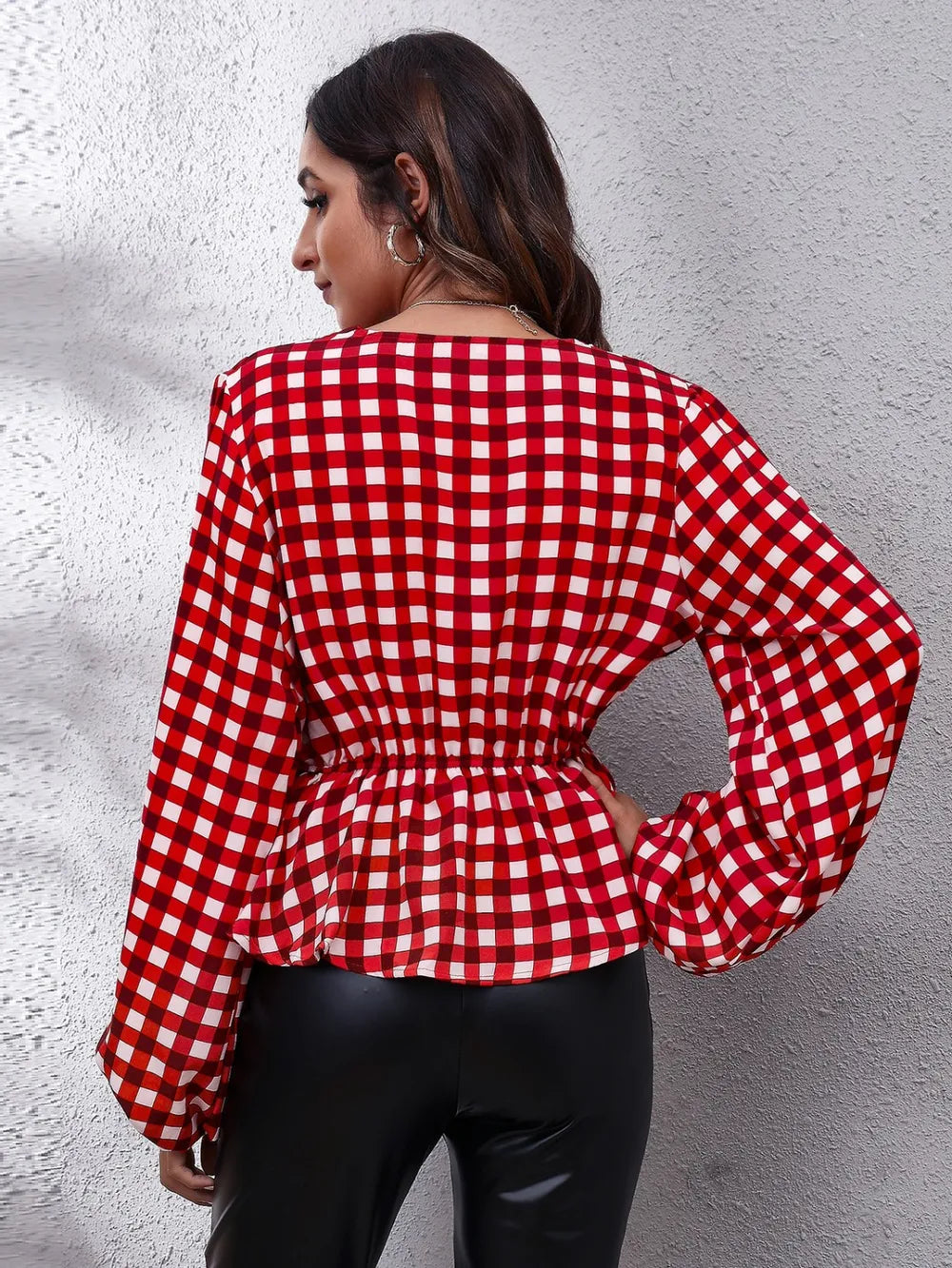 Plaid V-Neck Balloon Sleeve Peplum Blouse - Fashorio