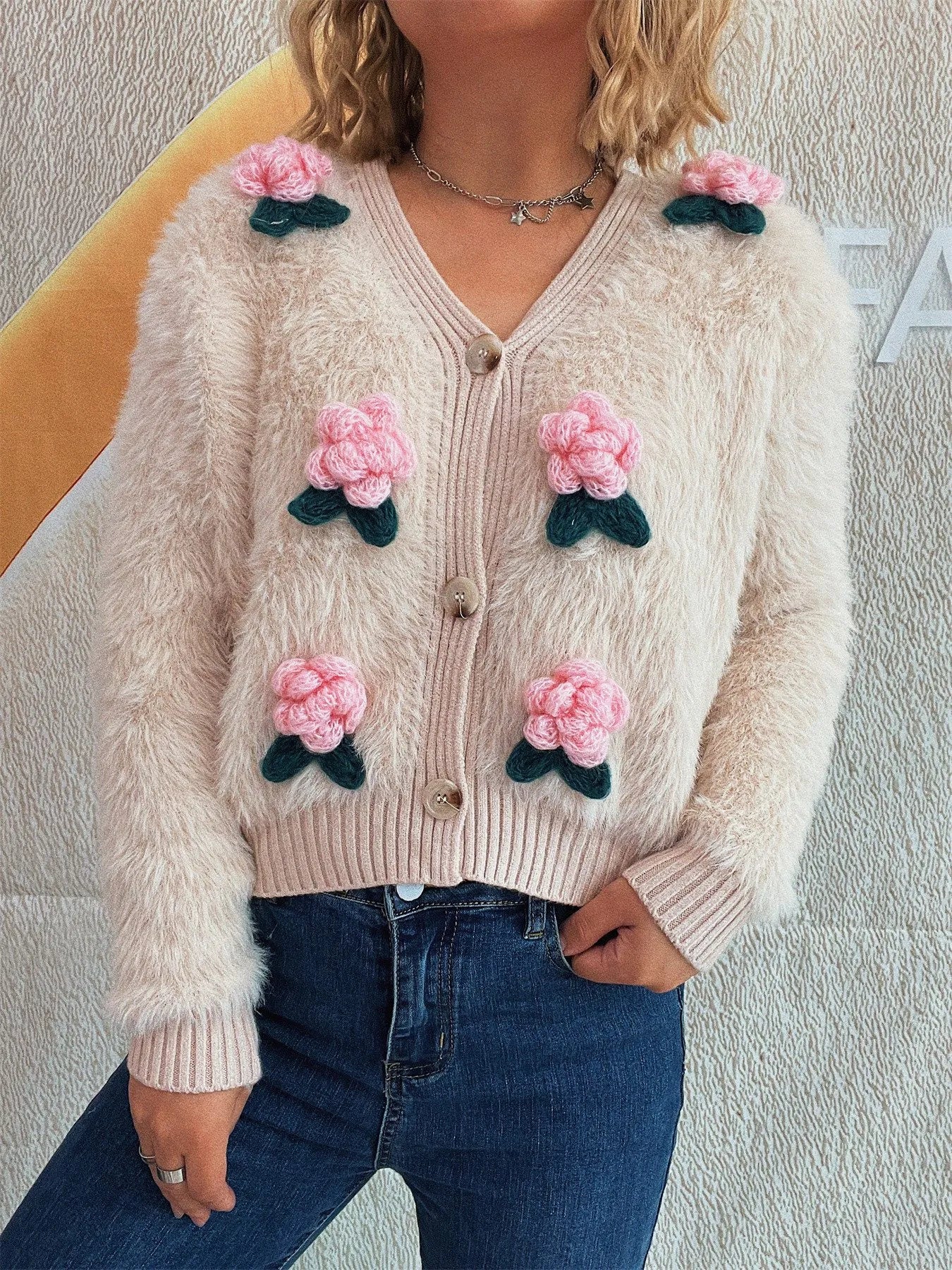 Flower Fuzzy Button-Up Cardigan Apricot One Size - Fashorio