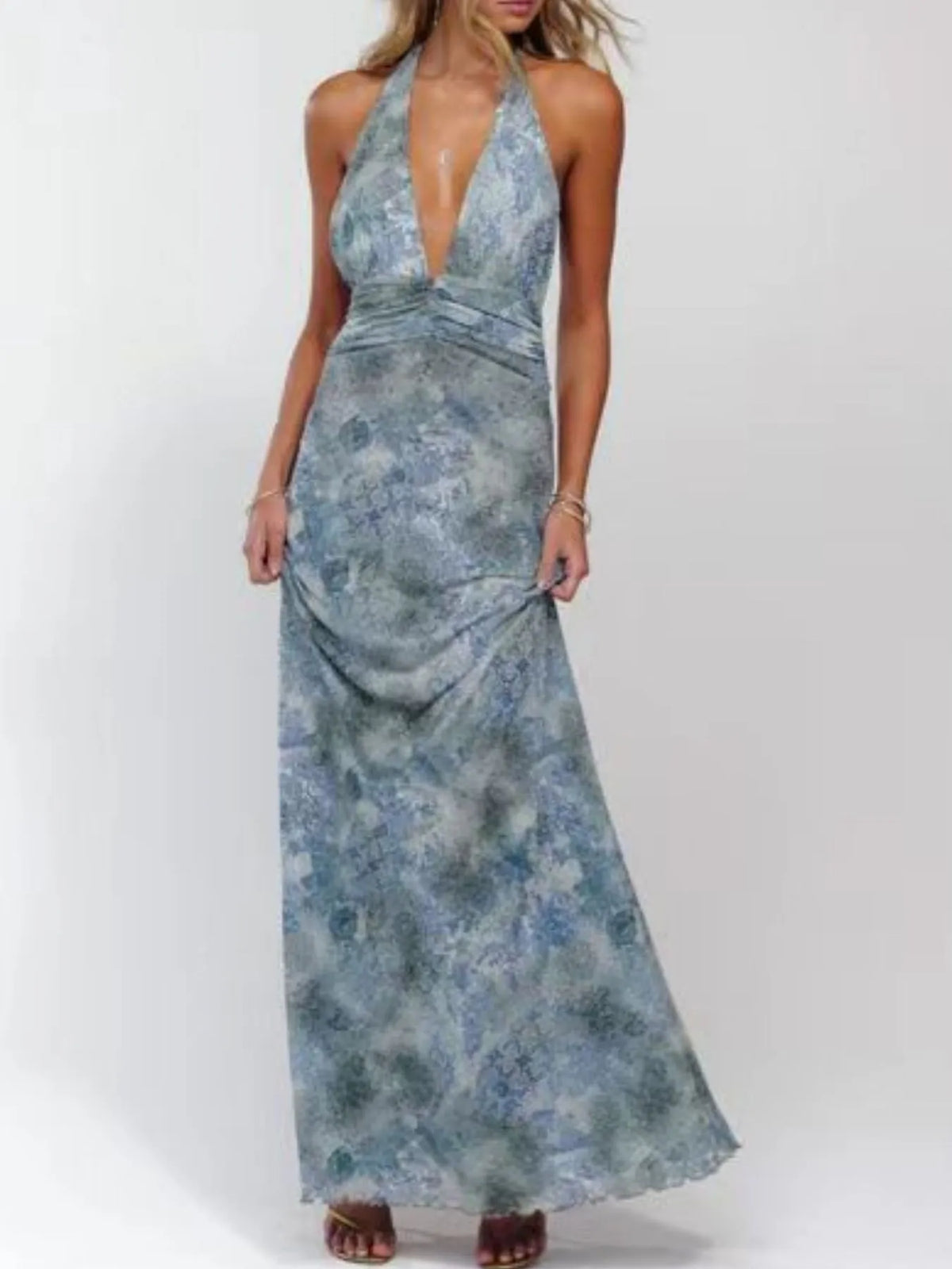 floral halter deep v maxi dress three quarter view