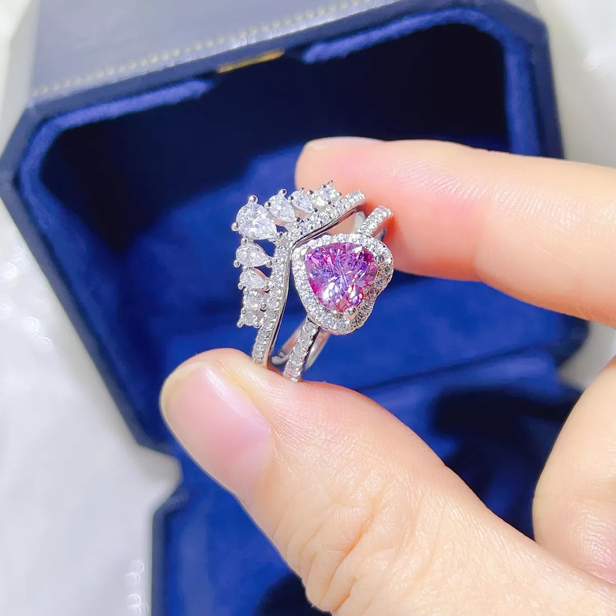 Moissanite ring set worn stacked on hand