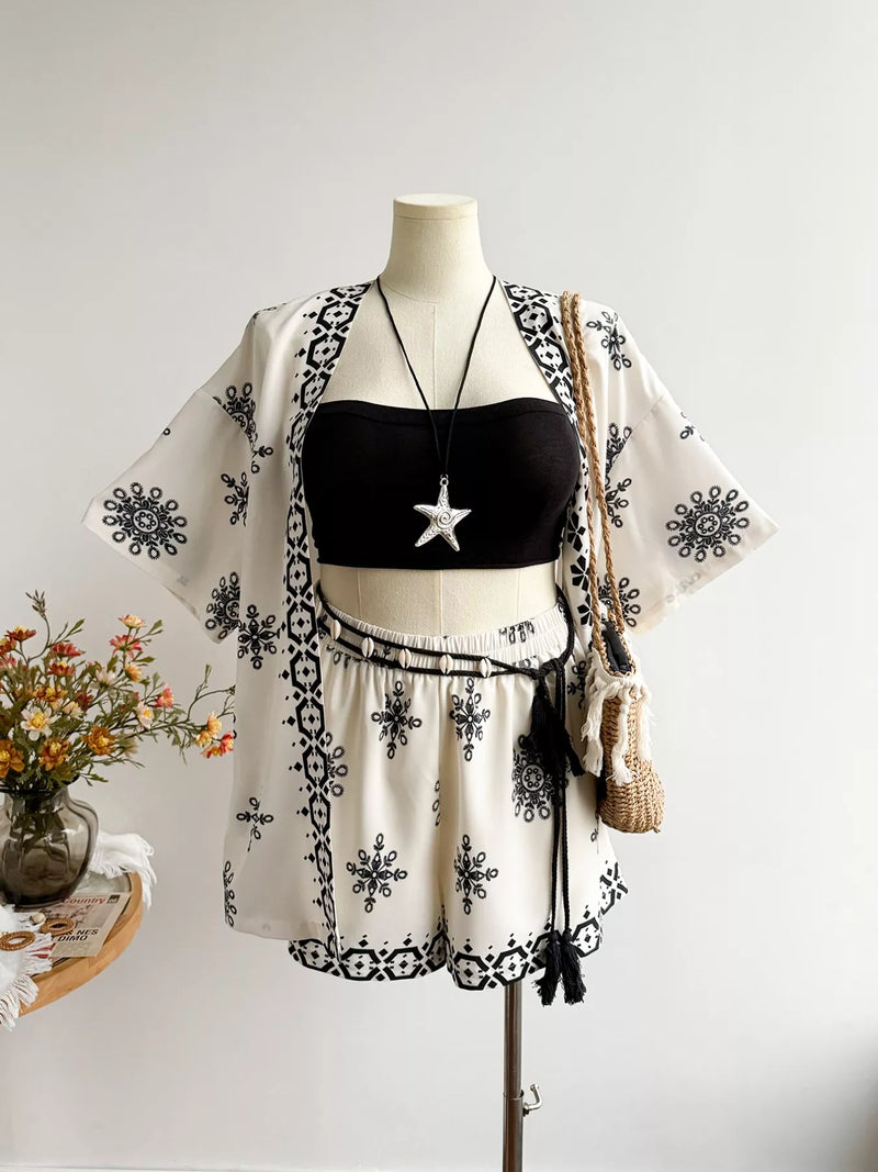 Printed open front cardigan and shorts set beige front view