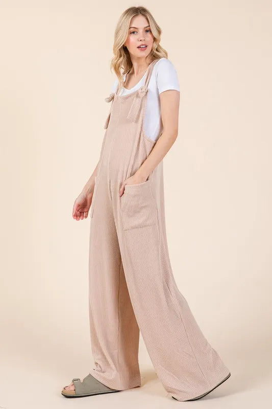 Knot Straps Wide Leg Ribbed Overalls with Pockets side view