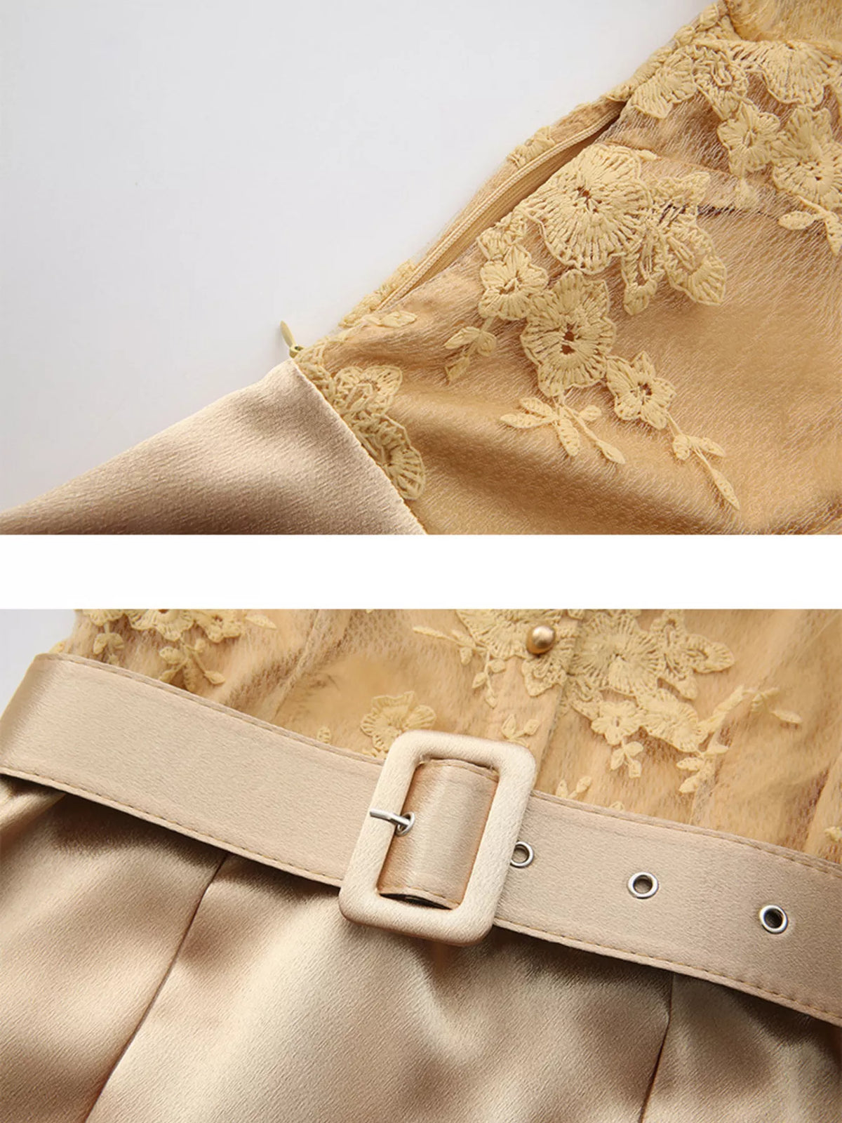 Brocade lace lantern sleeve belted maxi dress in gold belted waist detail