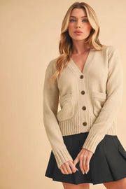 Aemi + Co Ribbed Hem Button Down V-Neck Cardigan Pearl - Fashorio