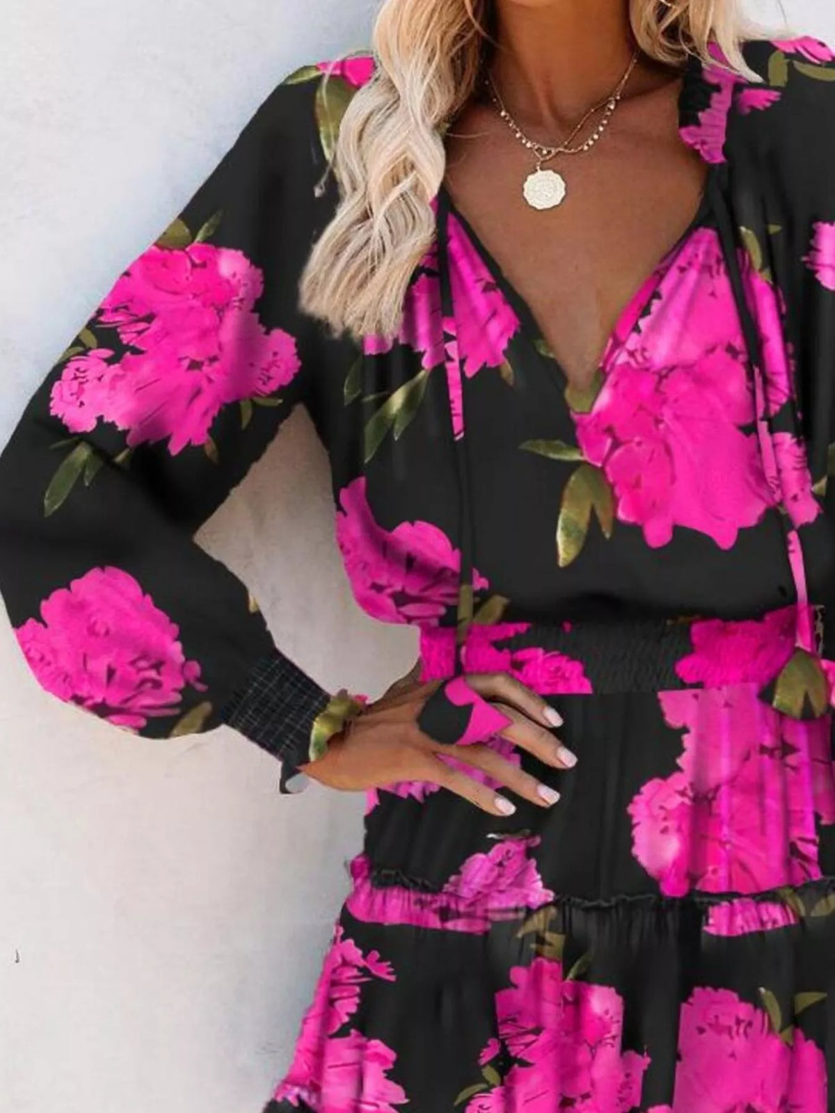 Tie neck lantern sleeve tiered dress styled view