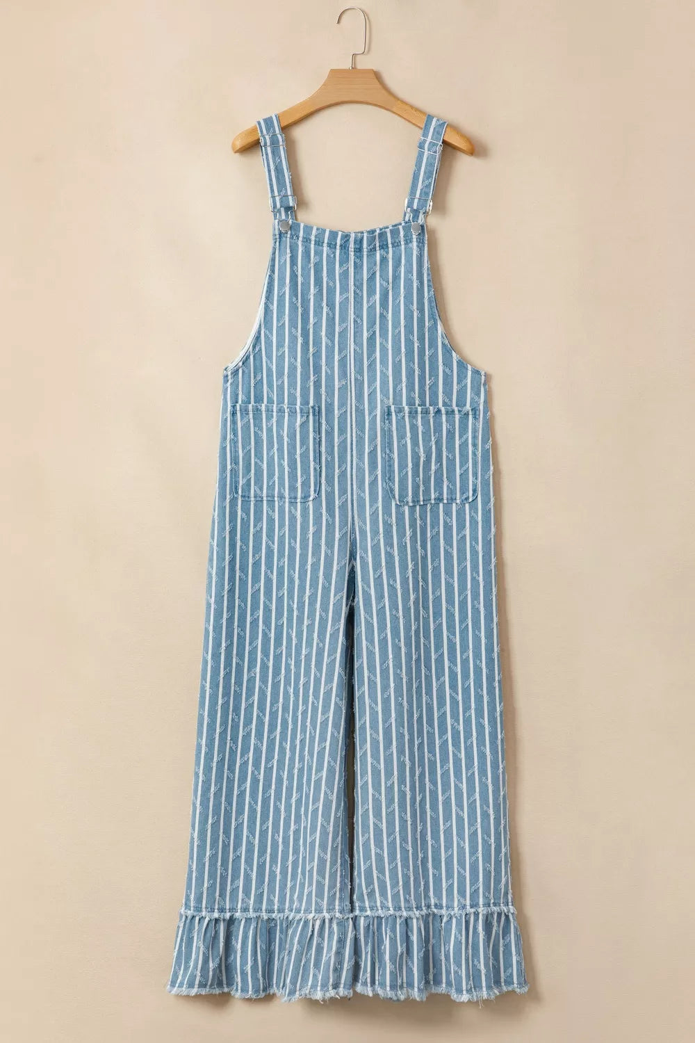 Ruffled denim overalls back view