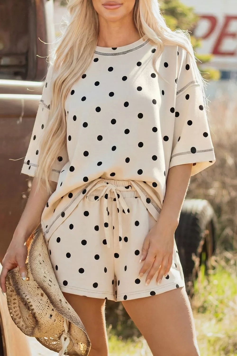 Polka dot tee and drawstring shorts two piece set front view
