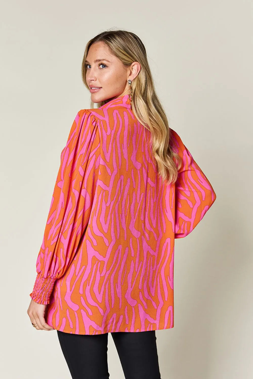 Double Take Printed Smocked Long Sleeve Blouse, view 29
