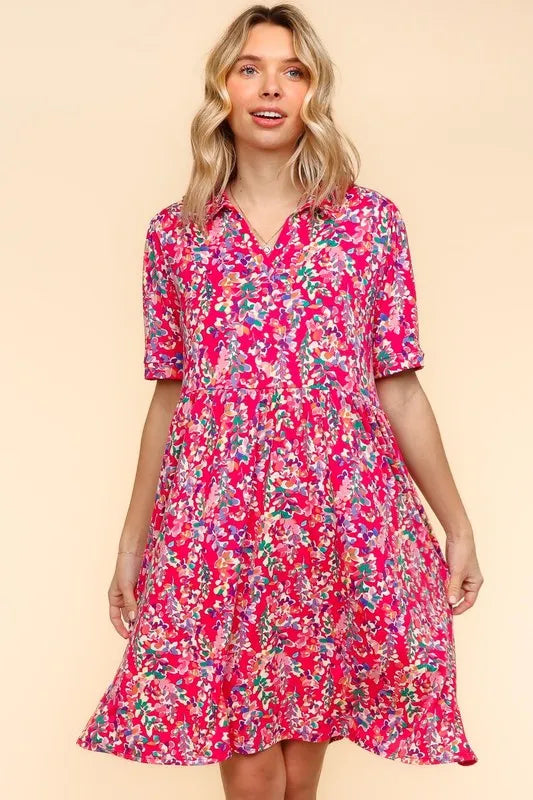 Johnny Collar Babydoll Dress with Pockets in Fuchsia back view