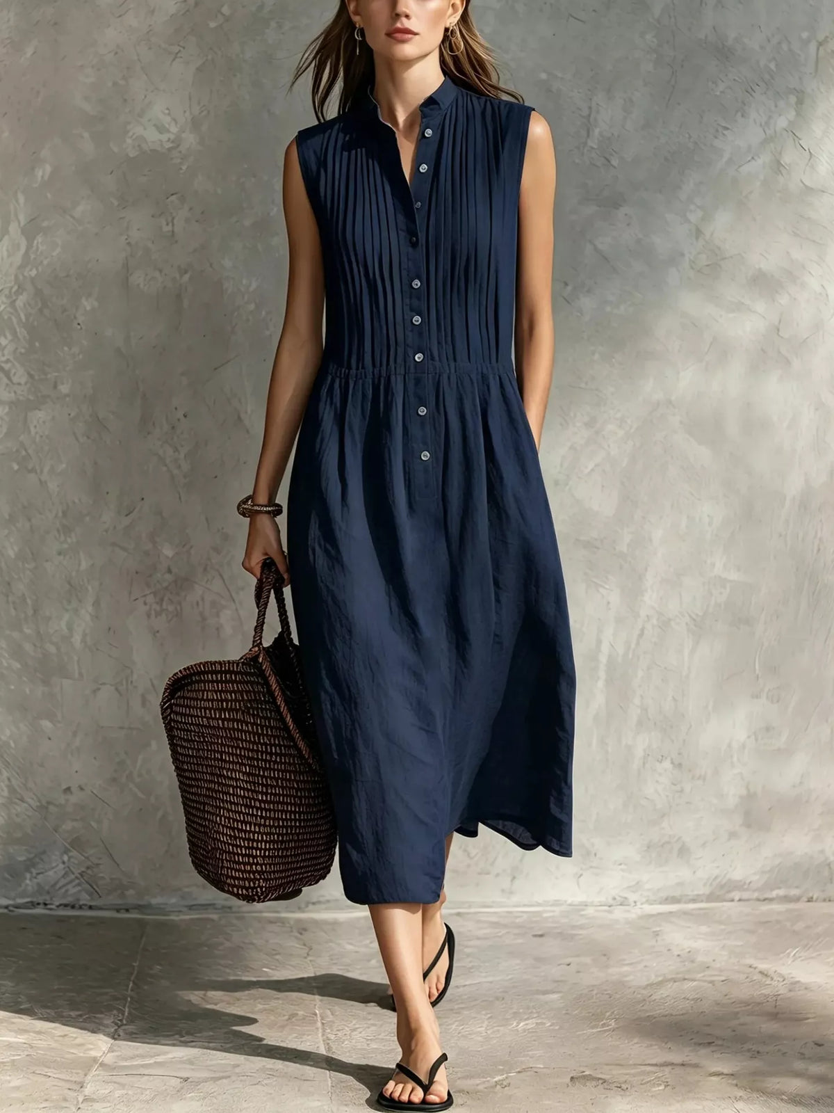 Sleeveless Button Front Midi Dress with Pockets, view 11