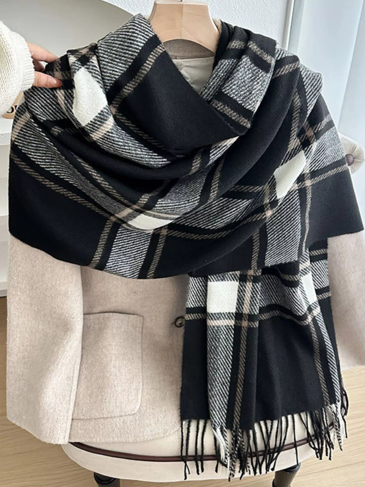 Pink plaid scarf shown in full length