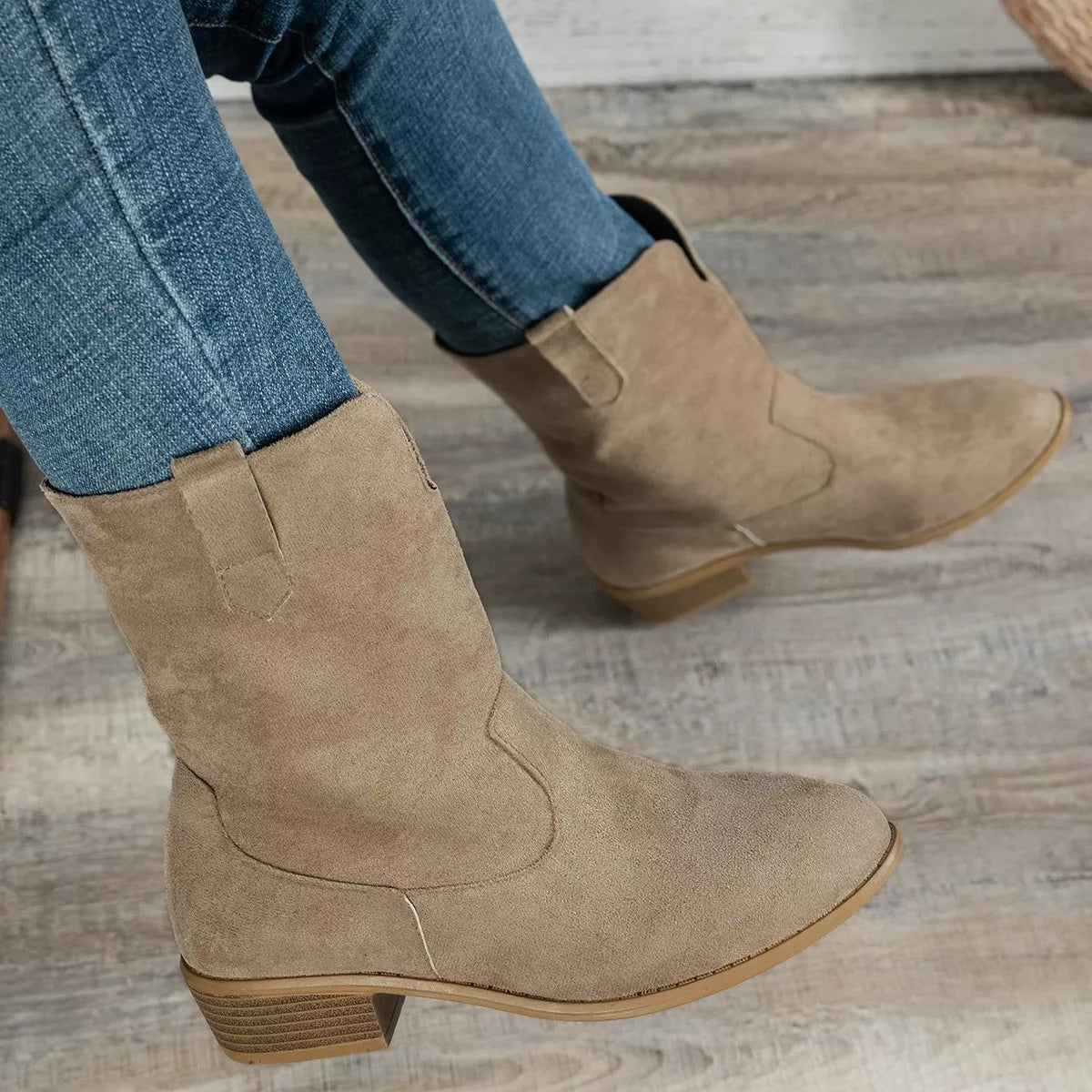 Suede Block Heel Western Boots styled on model