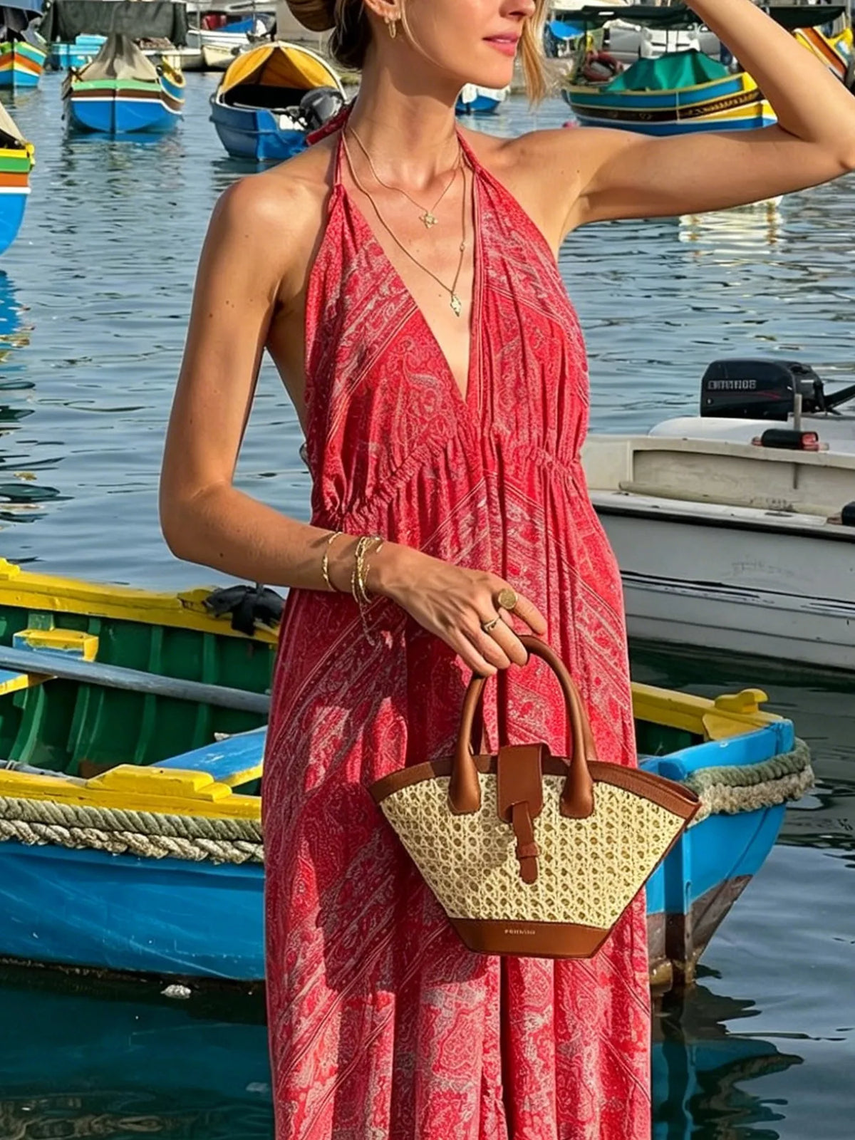 Deep rose backless halter maxi dress full length