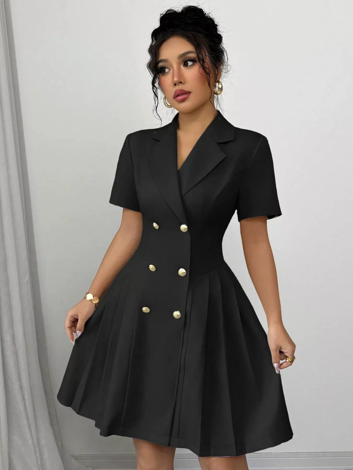 Double breasted pleated blazer dress flat lay view
