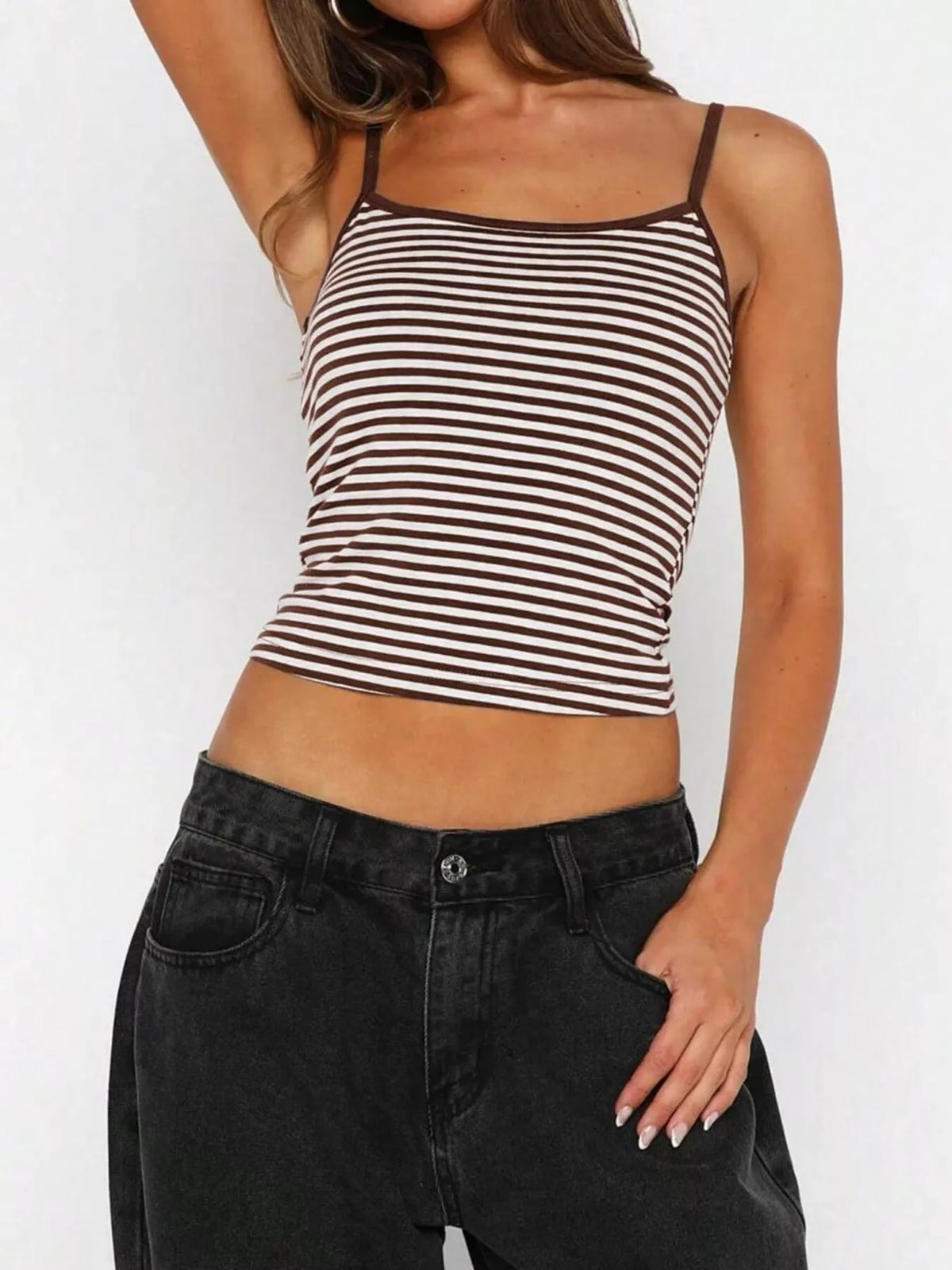 Striped scoop neck cropped cami styled view