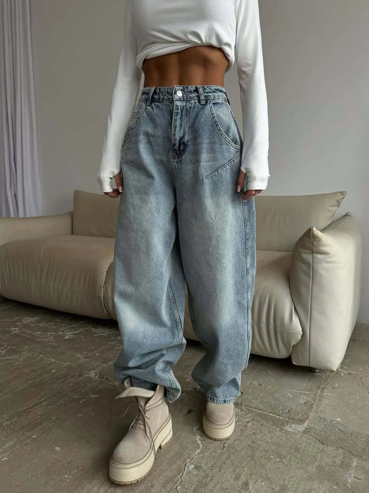 Blue wide leg jeans front view