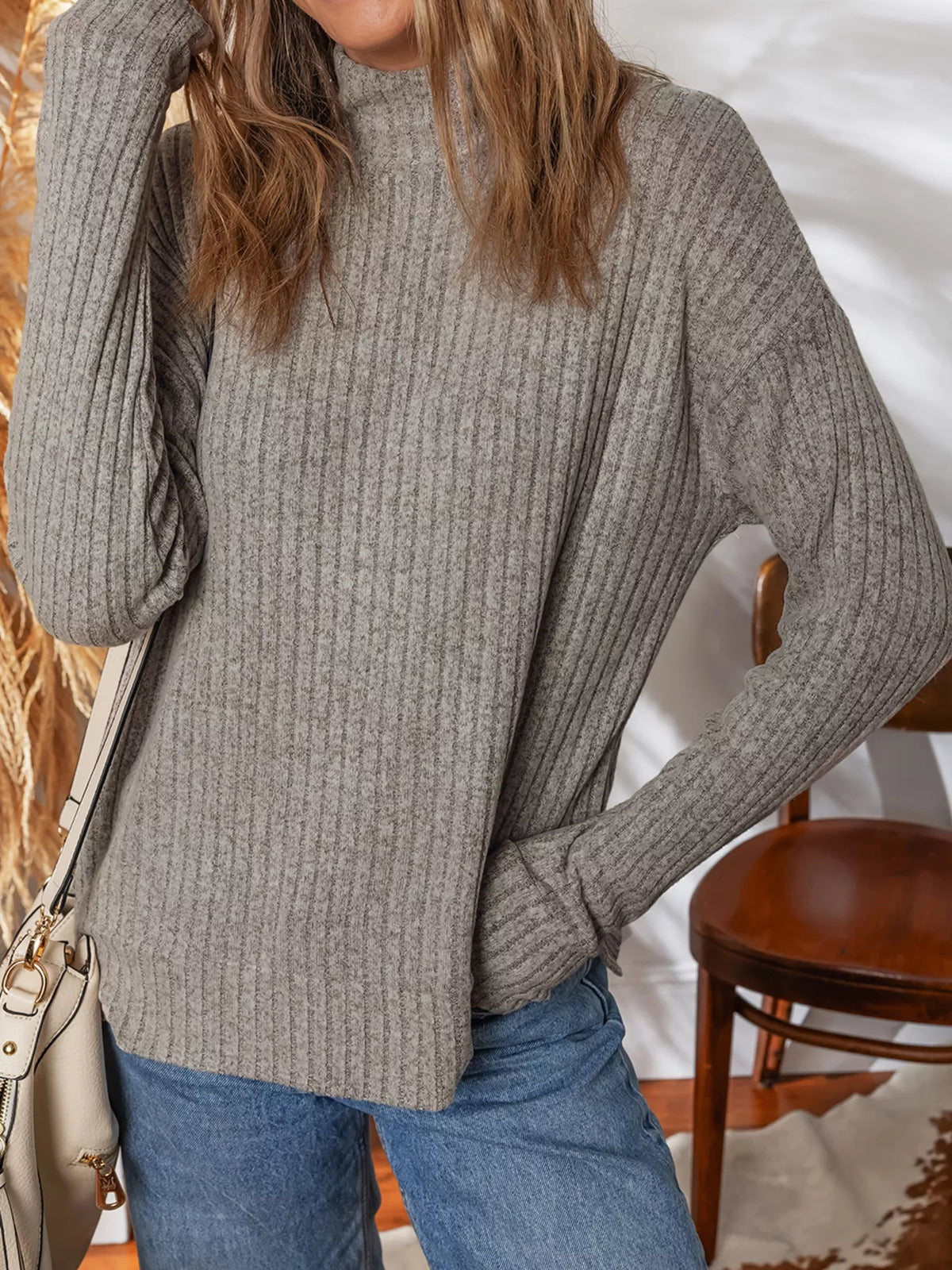 ribbed high neck knitted top gray back view