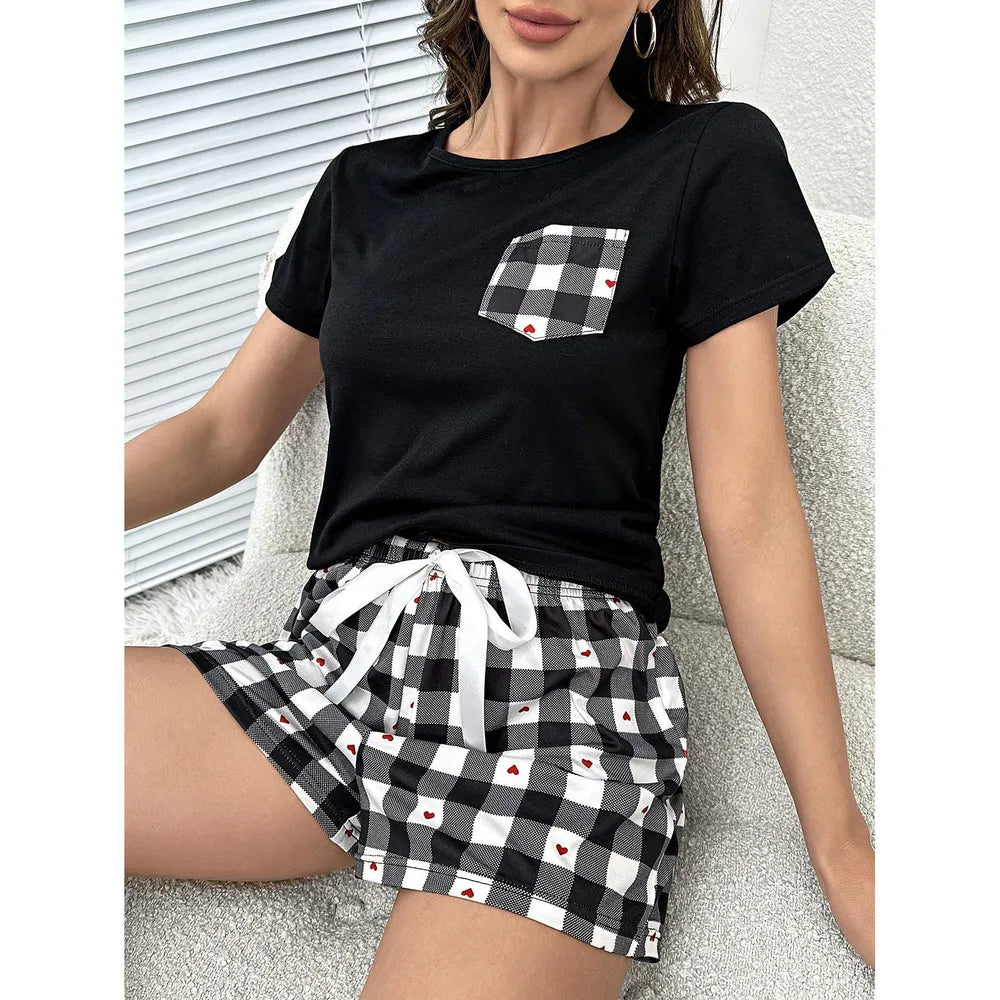 Plaid Heart Top and Shorts Lounge Set - Fashorio