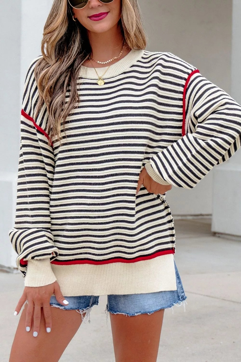 Striped Ribbed Drop Shoulder Oversized Sweater side view