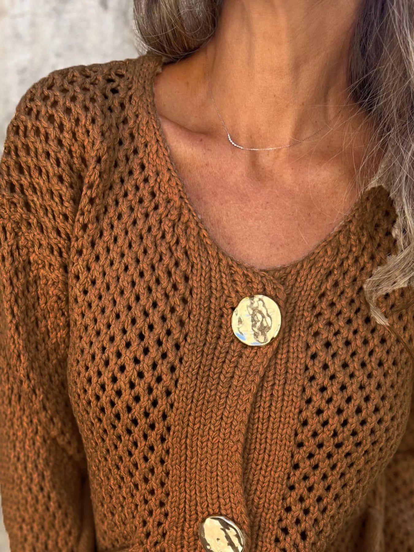 Crochet Button Up Long Sleeve Cardigan - Fashorio