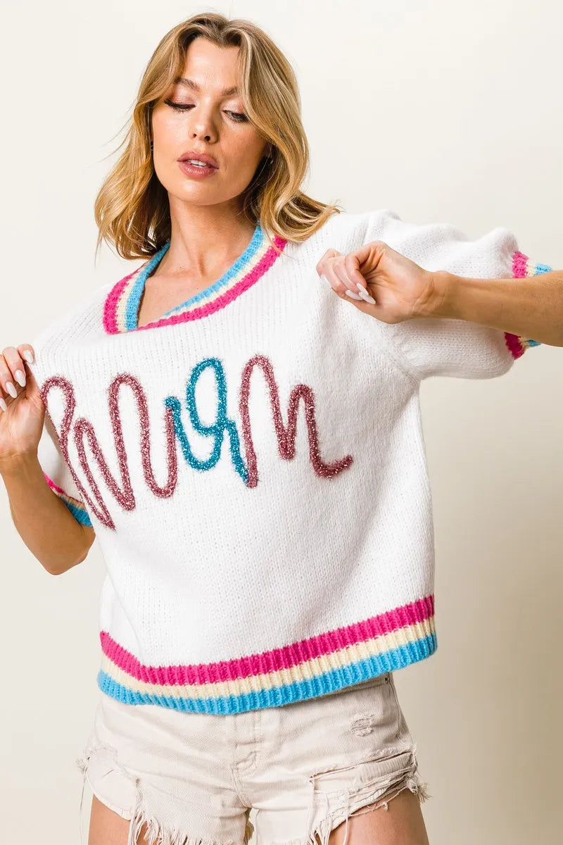 BiBi Metallic Letter Short Puff Sleeve Sweater - Fashorio