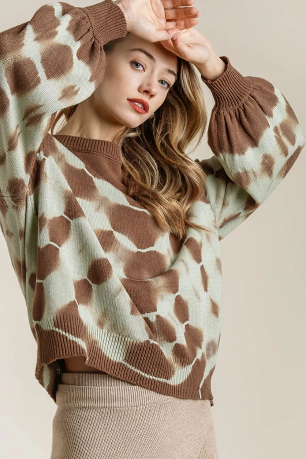 Tie Dye Ribbed Hem Round Neck Sweater Plus Size in Coffee Brown side view