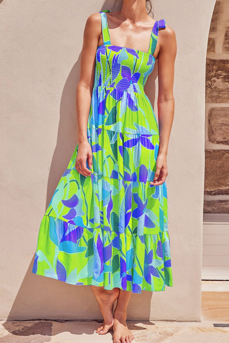 Floral tie shoulder smocked midi dress front view