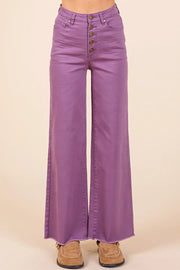 Mittoshop Twill High Waisted Button Fly Wide Leg Pants PLUM - Fashorio