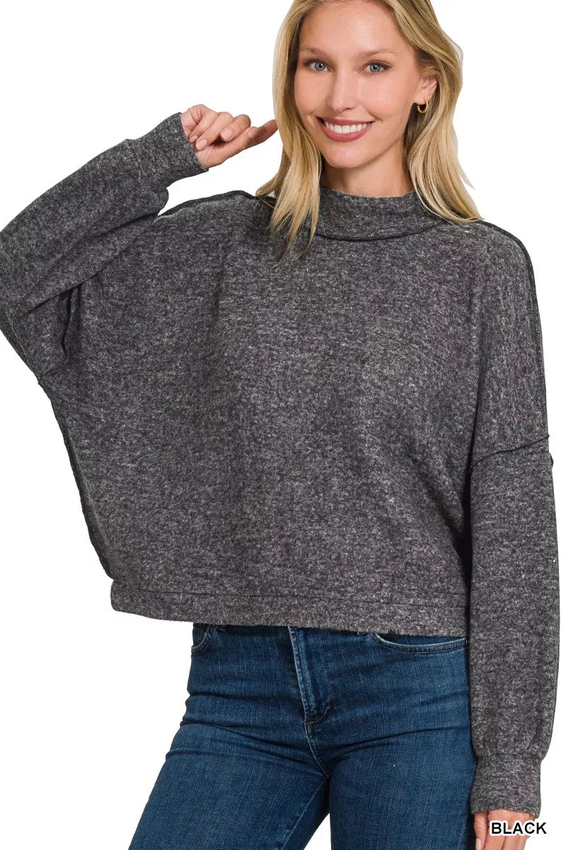 Brushed Melange Hacci Cropped Sweater in Black