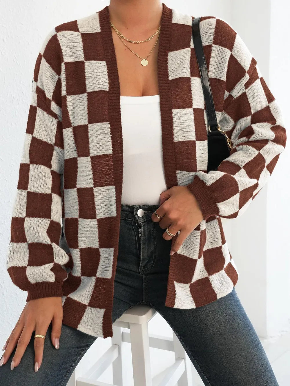 Checkered Open Front Long Sleeve Cardigan Brown White - Fashorio