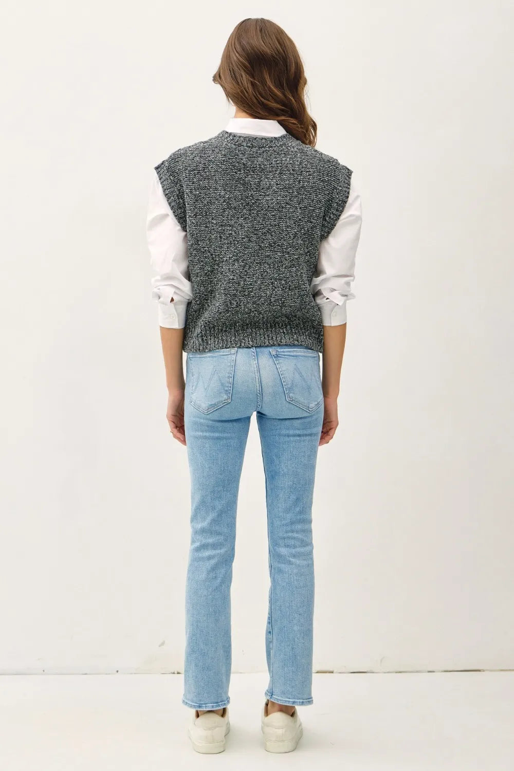 Cable Knit V Neck Sweater Vest in Charcoal back view