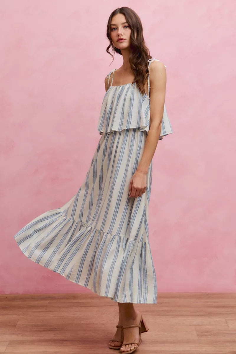 White and blue striped tiered midi dress with shoulder ties front view