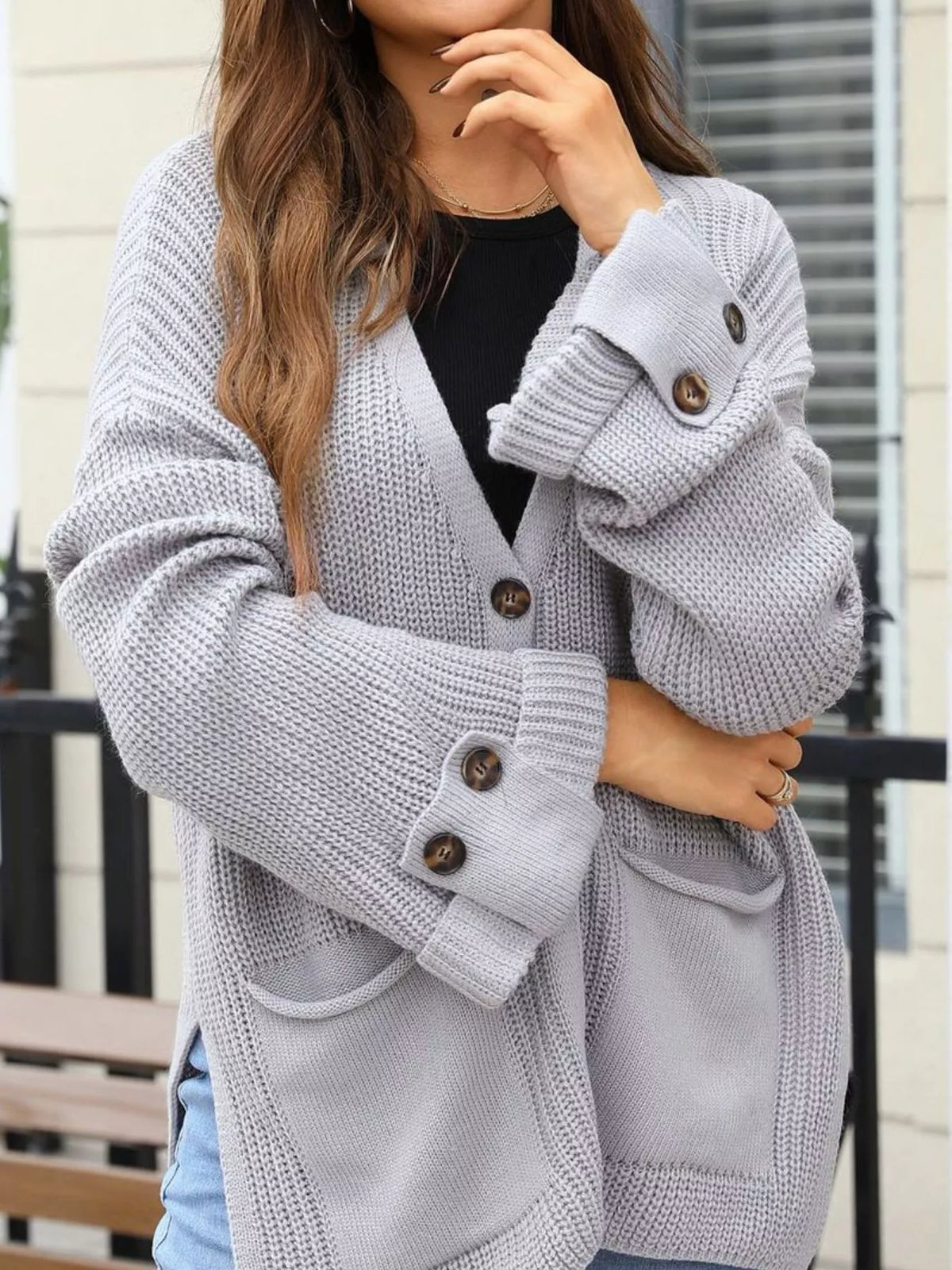 oversized knit button down cardigan sleeve detail