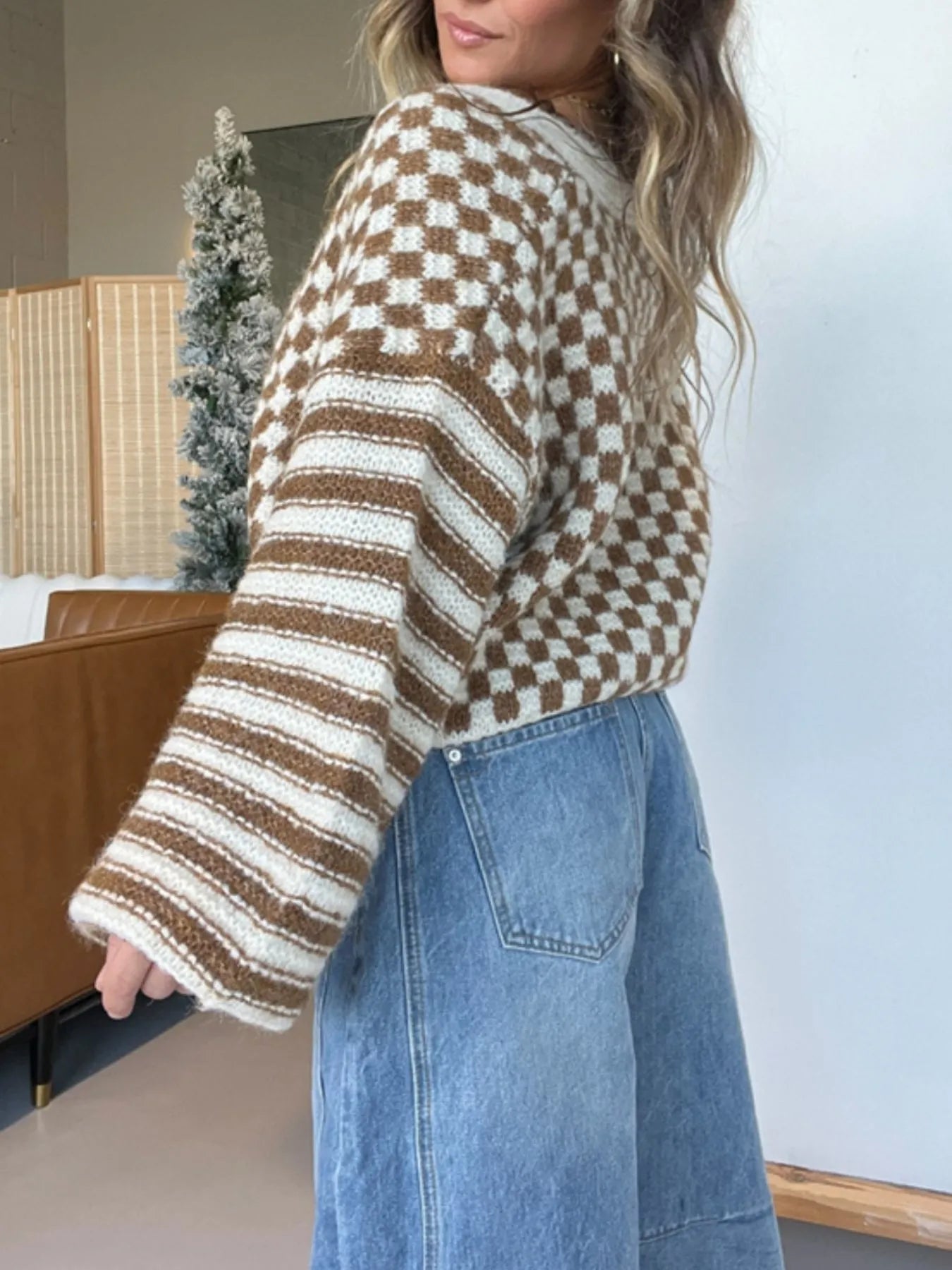 Checkered and Striped Pattern Button-Front Cropped Cardigan - Fashorio